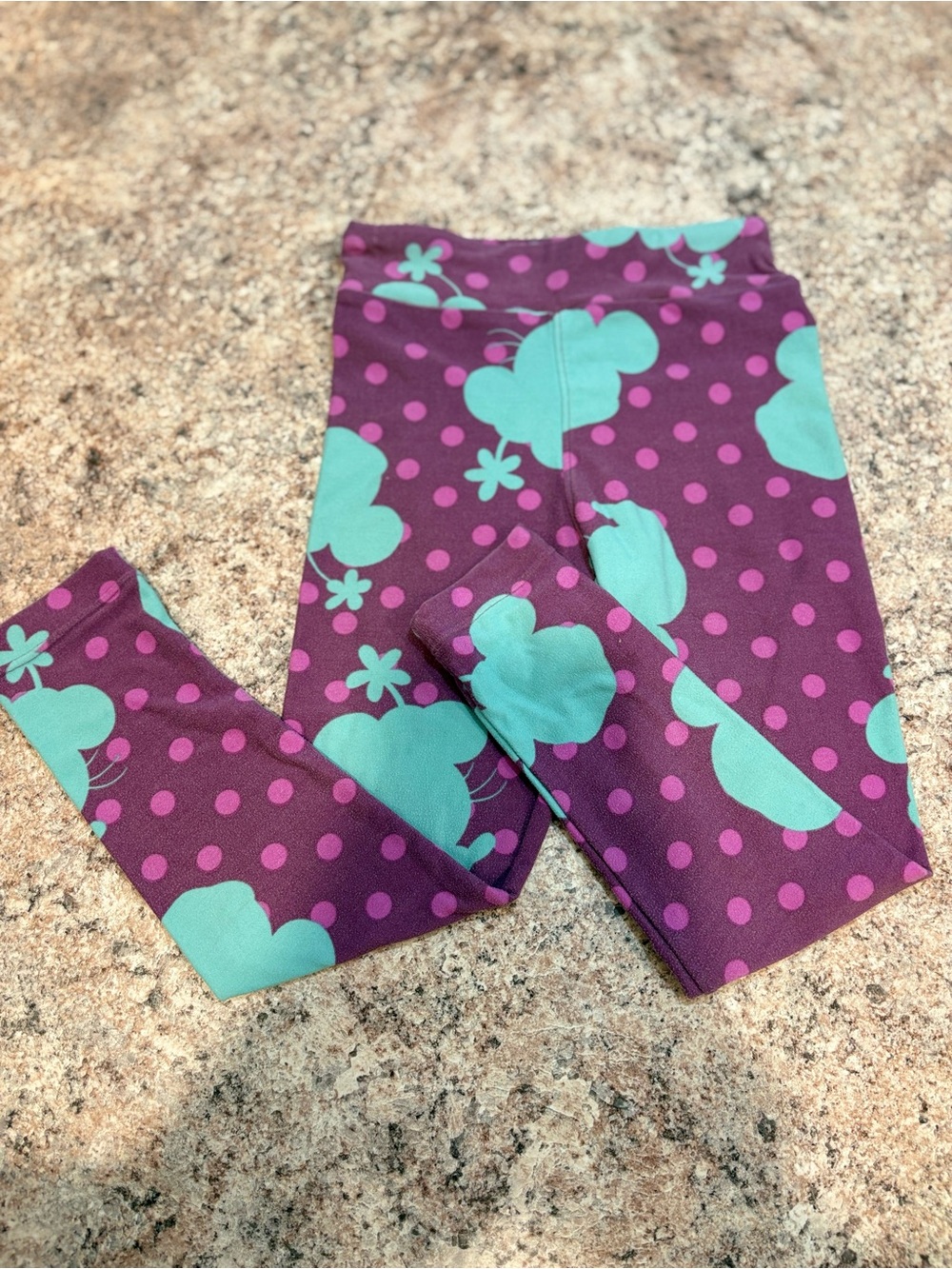 LuLaRoe Kids Disney Purple Leggings with Teal Cloud & Pink Polka Dot Print